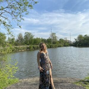 Primavera Couture Black and Silver Patterned Gown